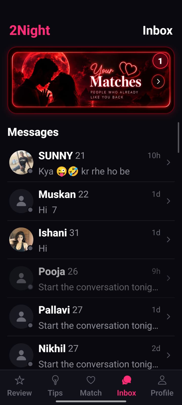2Night inbox screen