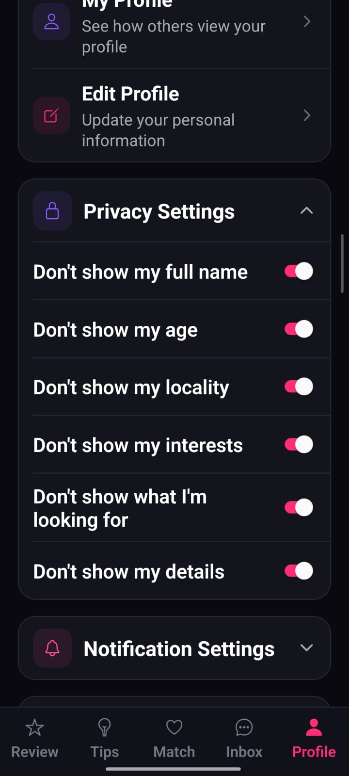 2Night privacy settings