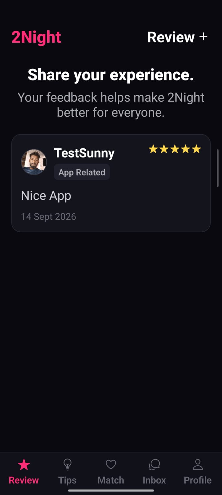 2Night reviews screen
