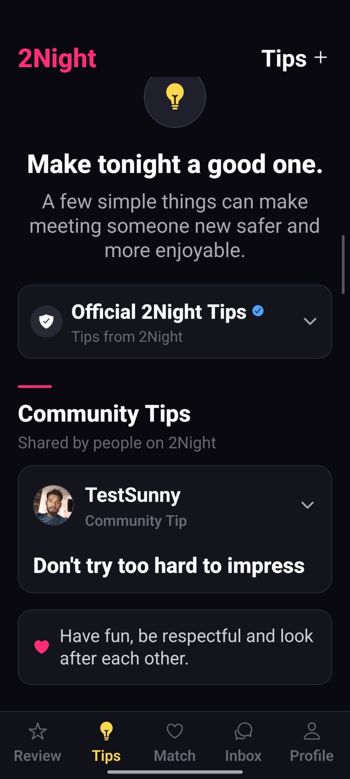 2Night tips screen